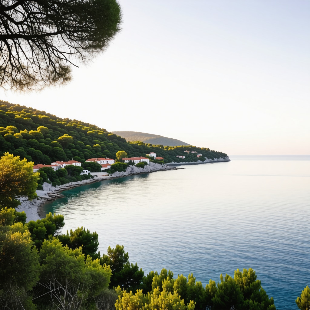 Scenic view of Lastovo island with blue sea, greenery, and village at sunset