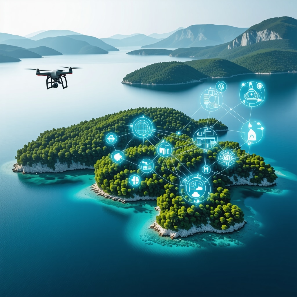Aerial image of Lastovo Island with digital overlays illustrating smart tourism and ecosystem monitoring