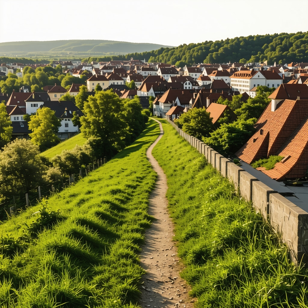 Panoramic view of Ljubljana hiking trails showcasing lush greenery, historic buildings, and smart eco-friendly path sensors at sunset