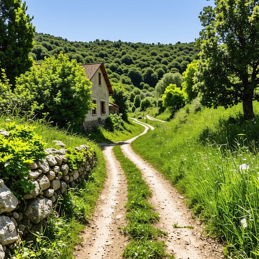 Hiking trail in Ljubuški with green forests and traditional stone houses