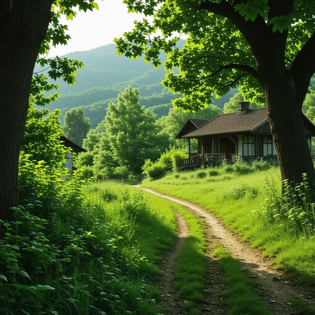 A peaceful nature trail in Ljubuški with green trees and traditional houses
