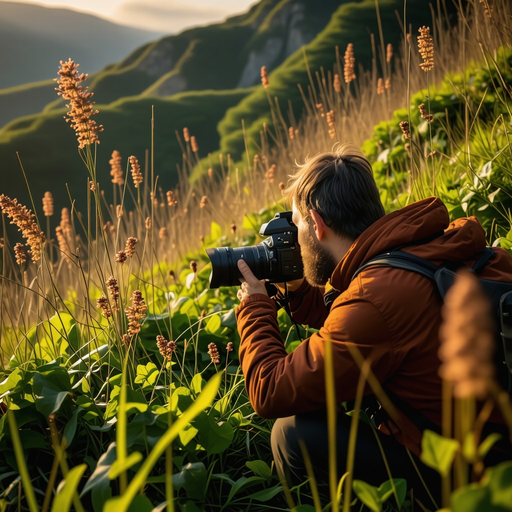 Photographer taking macro shots of endemic plants and birds on Kruševo's misty mountain slopes in golden hour light