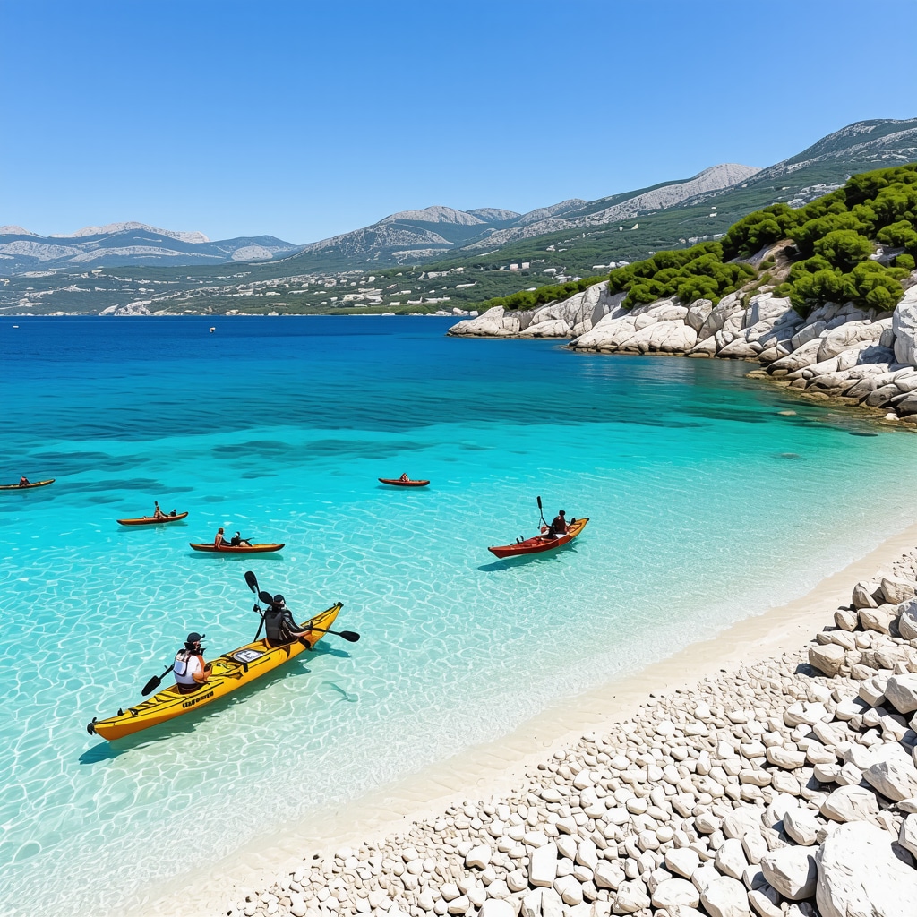 Makarska kıyısında berrak denizde deniz bisikleti, şnorkelle yüzme ve Biokovo Dağları manzarası
