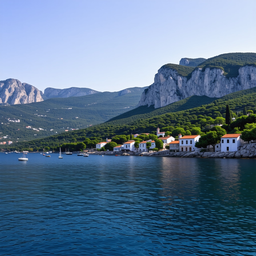 Makarska coast with turquoise sea, green mountains, and traditional village at sunset