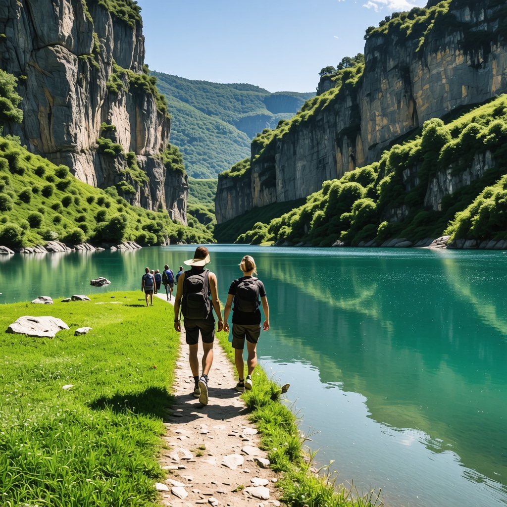 Hikers walking on Matka Canyon trail surrounded by lush greenery and water illustrating digital detox and ecotourism