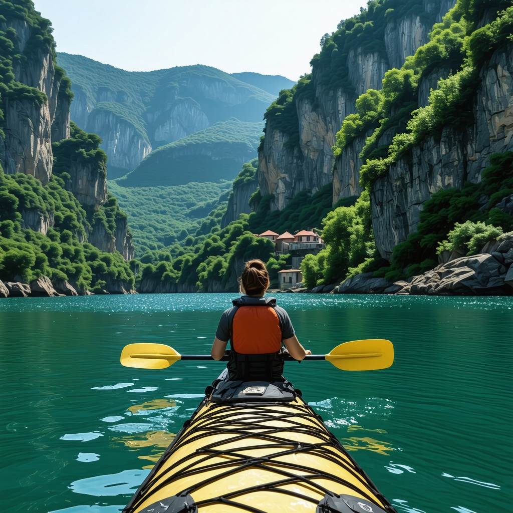 Kayaker in Matka Canyon with green cliffs and historic monastery ruins