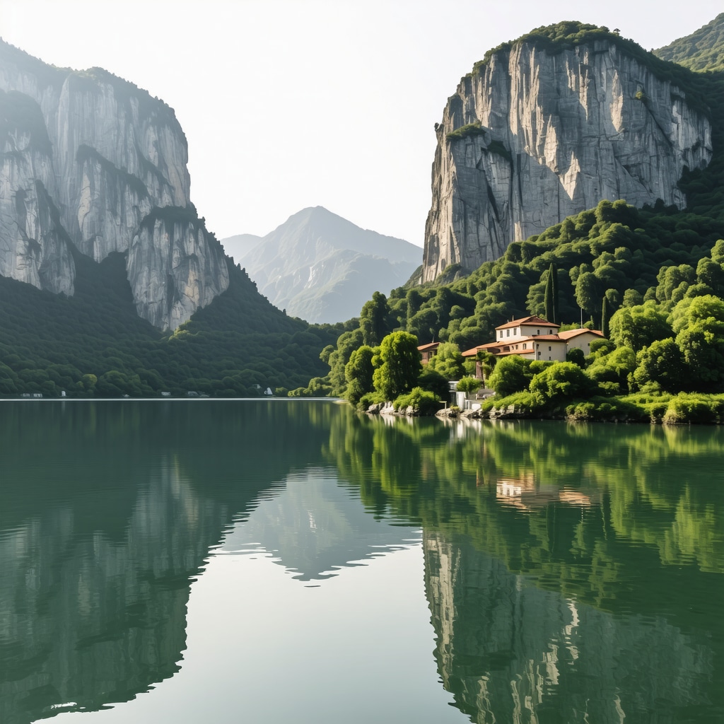 A peaceful landscape of Matka Canyon showing cliffs, lake, and monastery surrounded by greenery