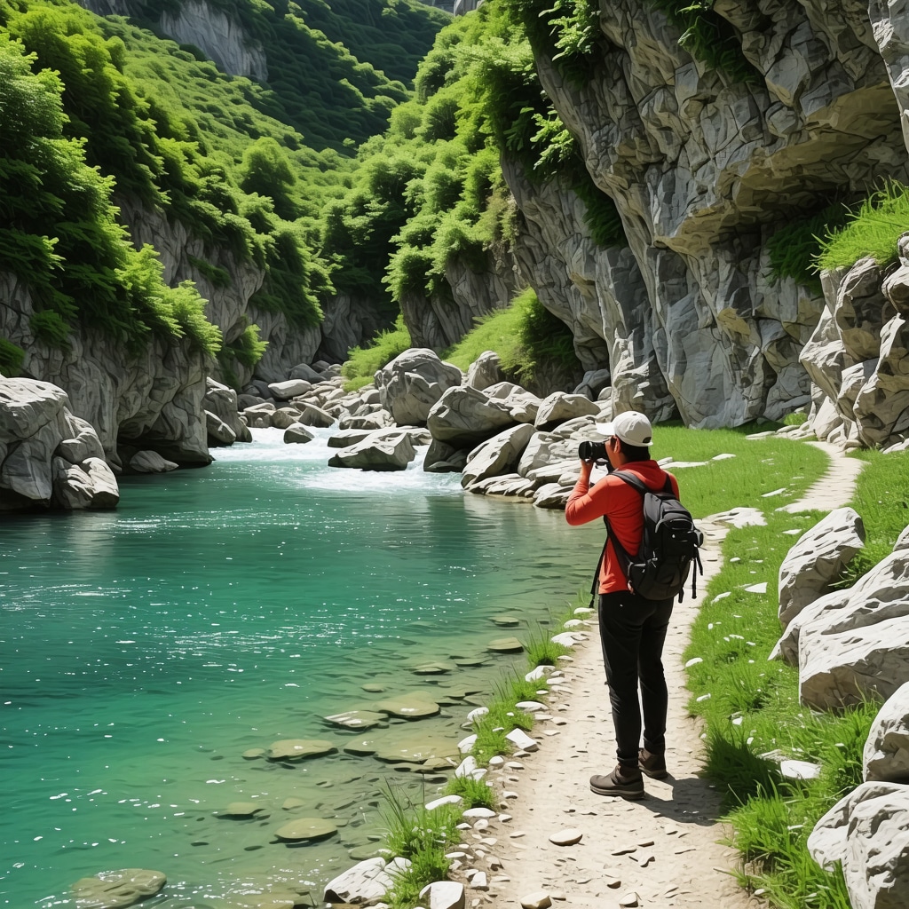 Hiker photographing natural scenery at Matka Canyon with river and cliffs