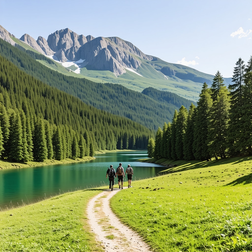 Hikers walking on a scenic trail overlooking lake and mountains in Mavrovo National Park