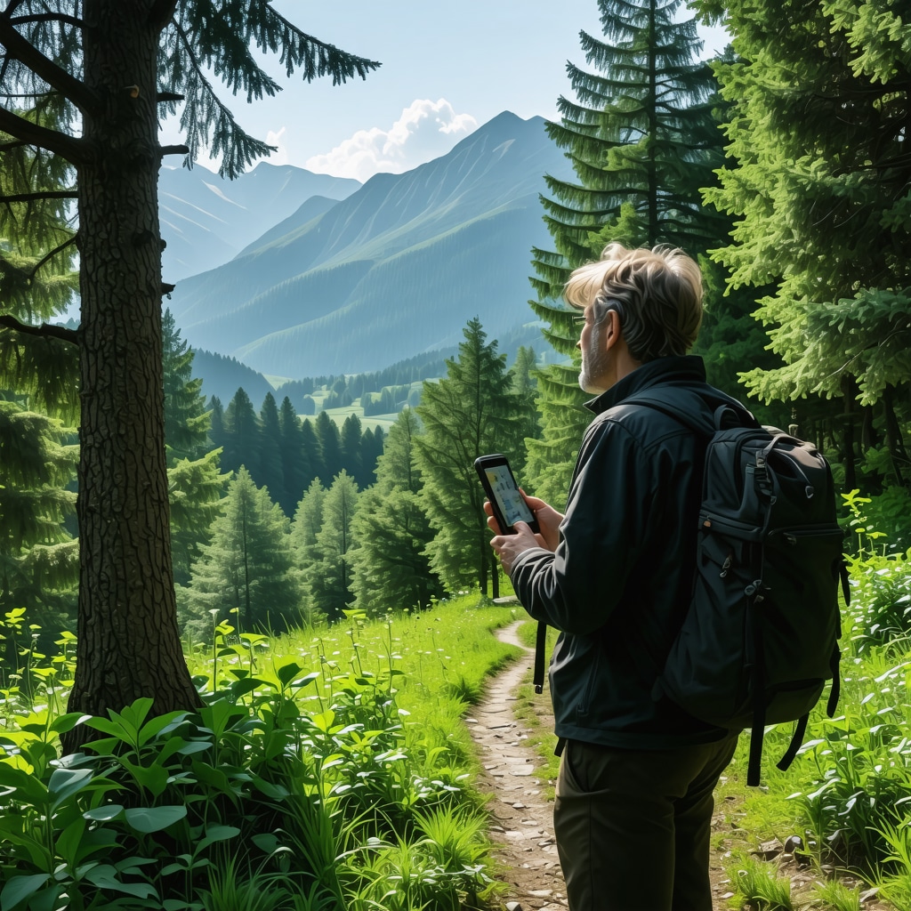 A hiker using GPS device on forest trail in Međugorje blending nature and technology