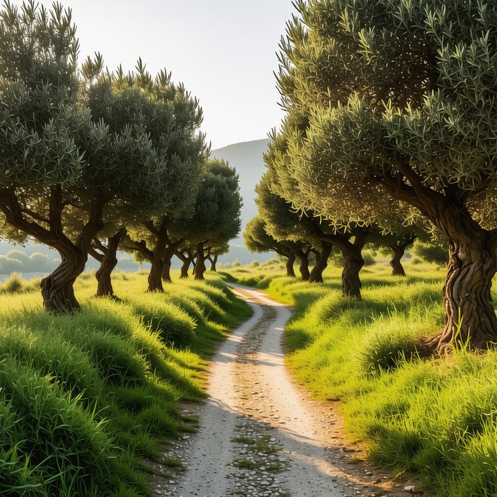 Peaceful hiking trail in Međugorje with olive trees and stone paths