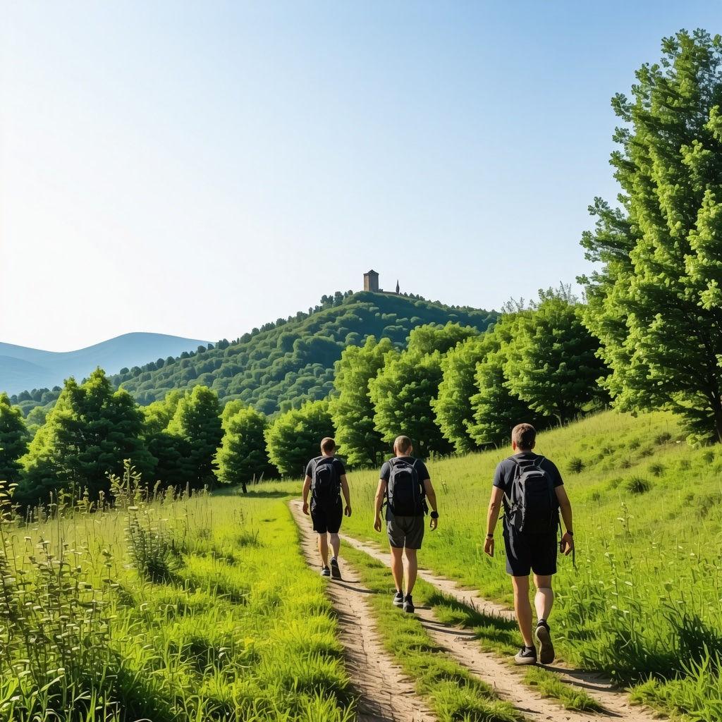 Hikers walking on a forested trail in Međugorje towards a sacred hill with clear sky