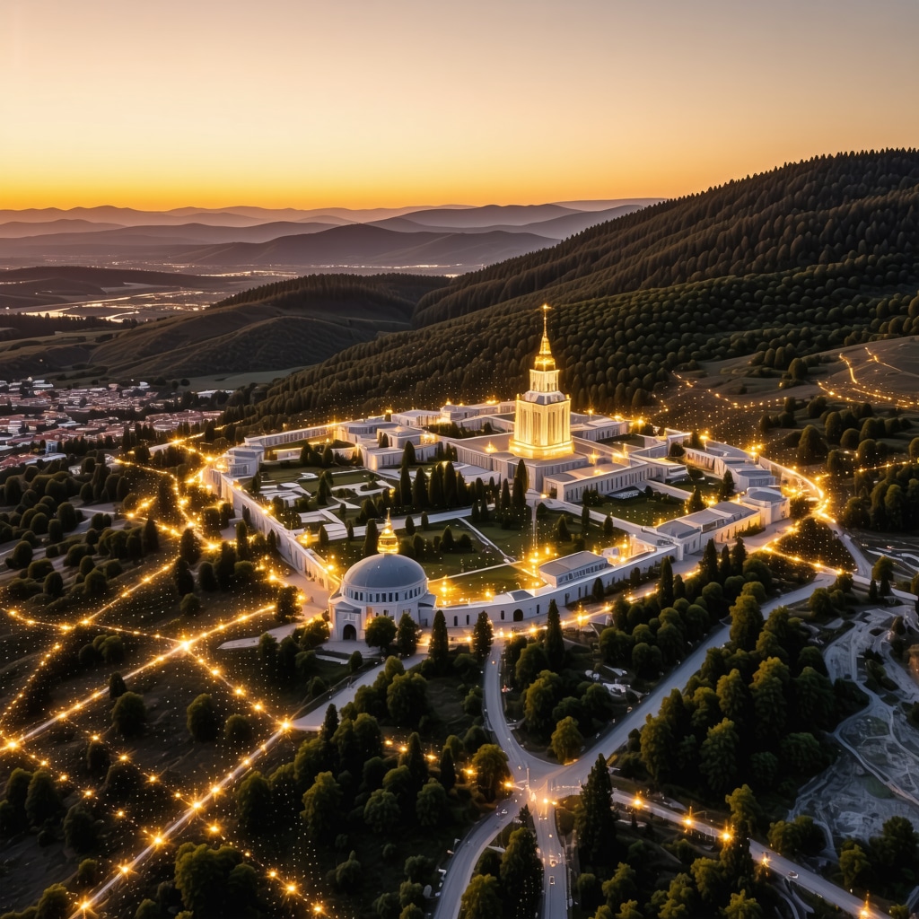 Aerial view of Međugorje with digital graphics representing integration of technology in spiritual tourism