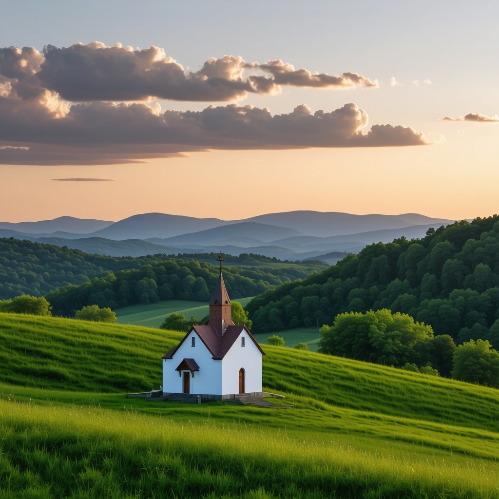 Peaceful view of green hills and chapel at sunset in Međugorje