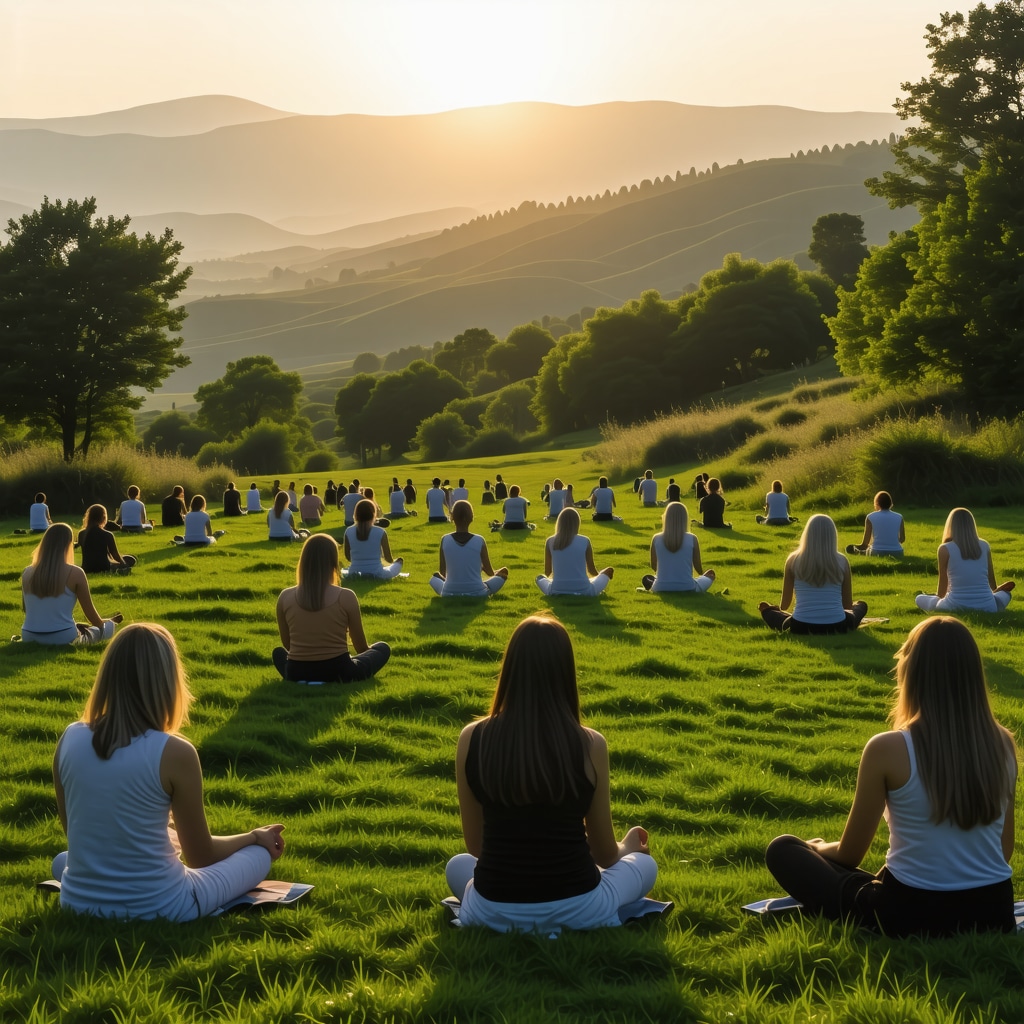 Pilgrims meditating on hills at sunrise in Međugorje, symbolizing spiritual and natural harmony