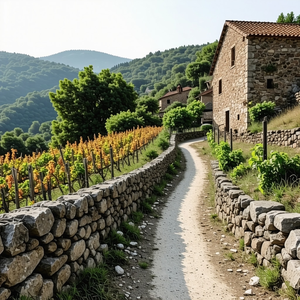 Hiking trail in Melnik surrounded by stone houses and vineyards in autumn