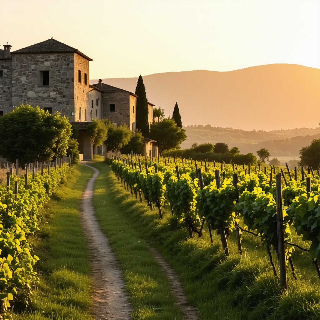 Sunset view of Melnik vineyard trail with stone houses and lush greenery