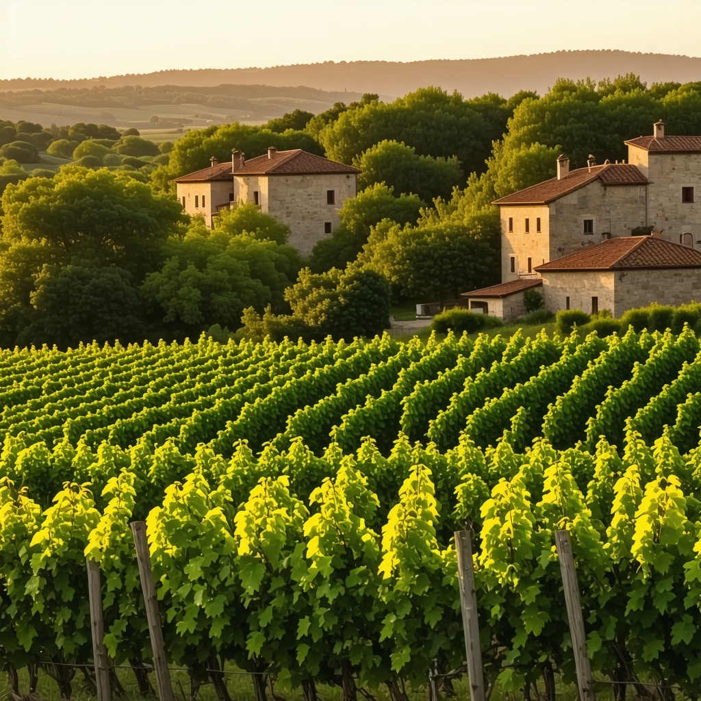 Vineyard in Melnik with stone houses, tourists tasting wine outdoors, sustainable farming visible