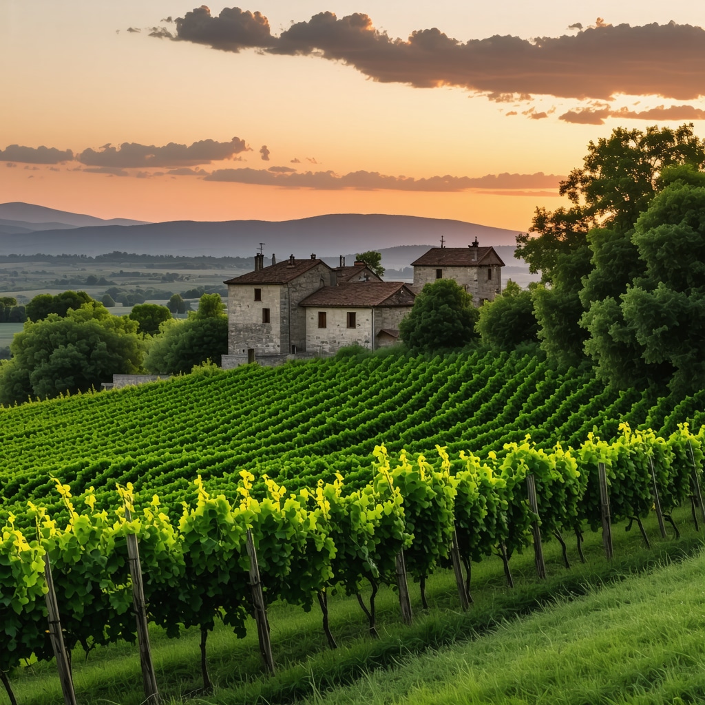 Melnik vineyard with stone houses and sunset sky illustrating harmony of nature and culture