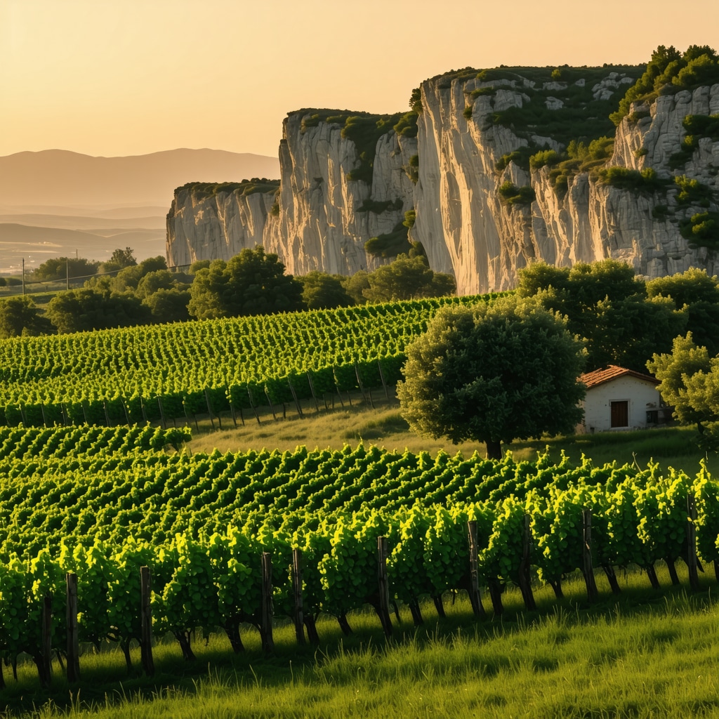 Melnik vineyards with rocky cliffs and sunset lighting