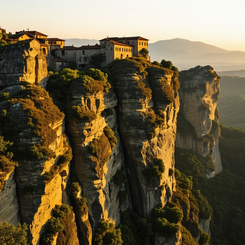 Panoramic view of Meteora's rock formations and monasteries under warm golden hour light with mist in valleys