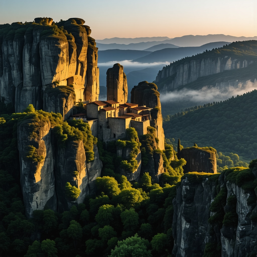 Sunrise view of Meteora monasteries surrounded by mist and rock formations