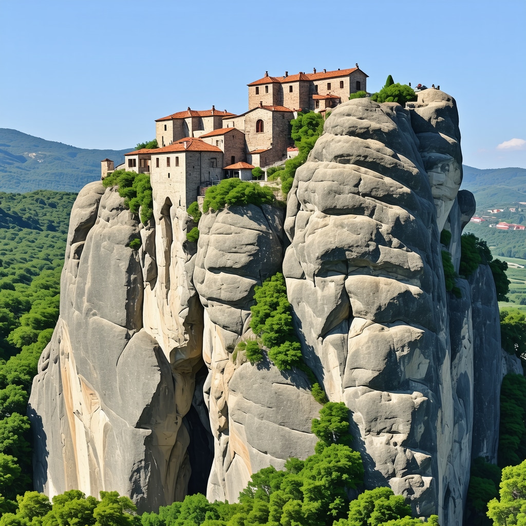 Panoramic view of Meteora rock formations with ancient monasteries and lush nature