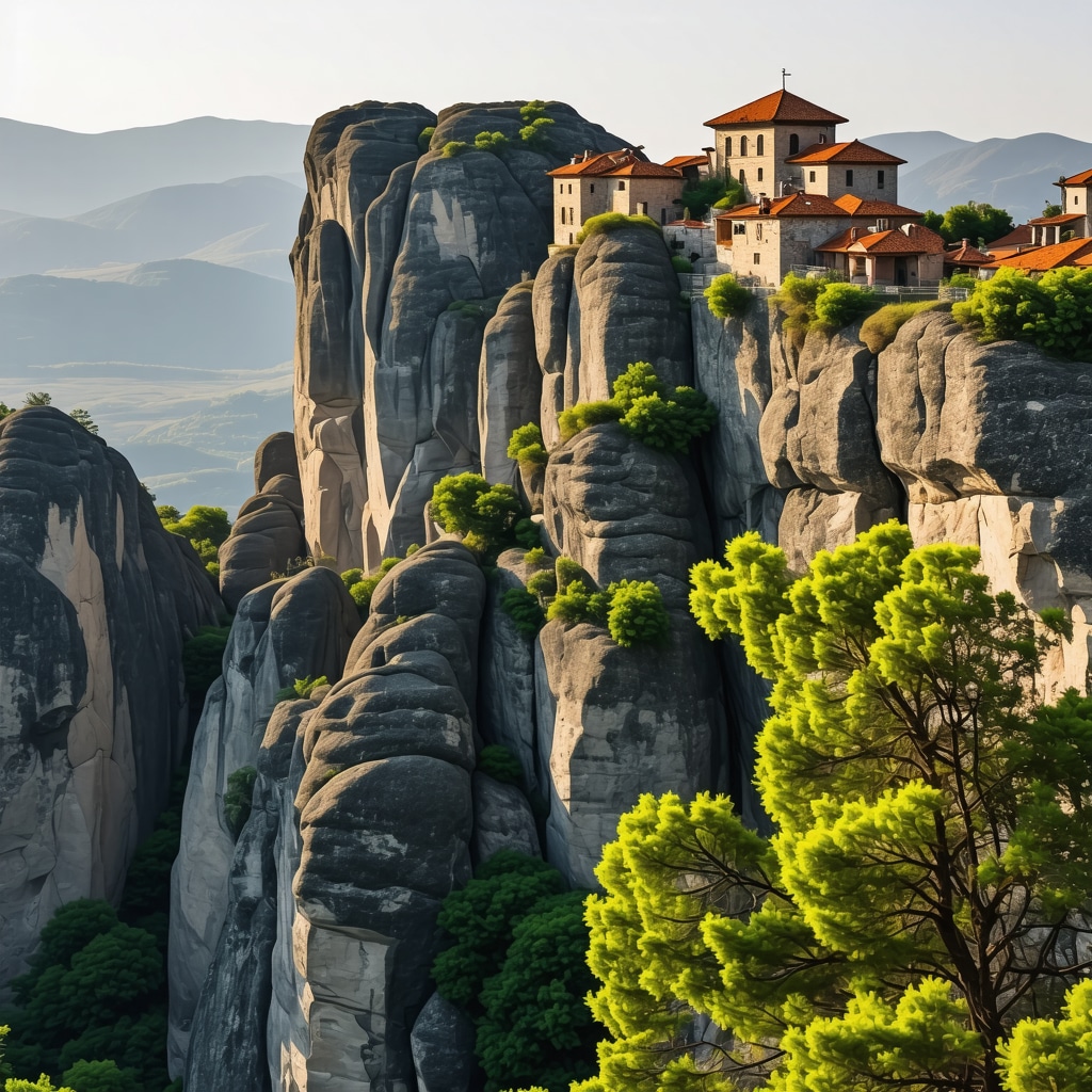 Panoramic view of Meteora rock formations and monasteries at sunset