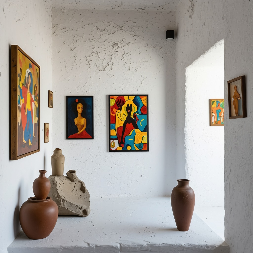 Interior of a Mikonos art gallery showcasing traditional Greek motifs and contemporary artworks