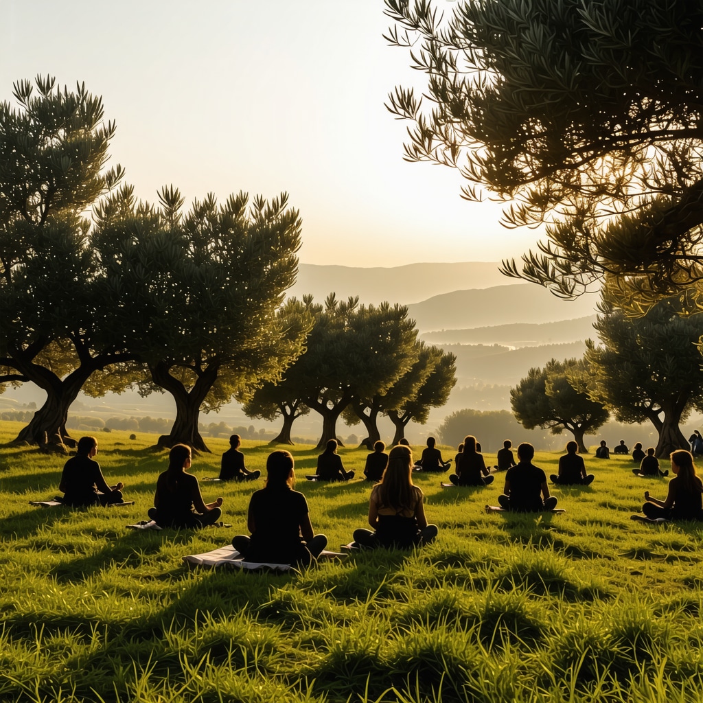 Meditators practicing mindfulness meditation amid olive trees on Podbrdo Hill at sunrise in Međugorje