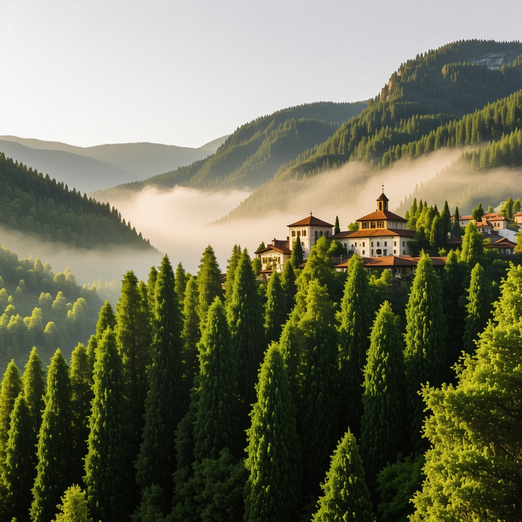 Rila Monastery enveloped in morning mist with surrounding green forests and mountains