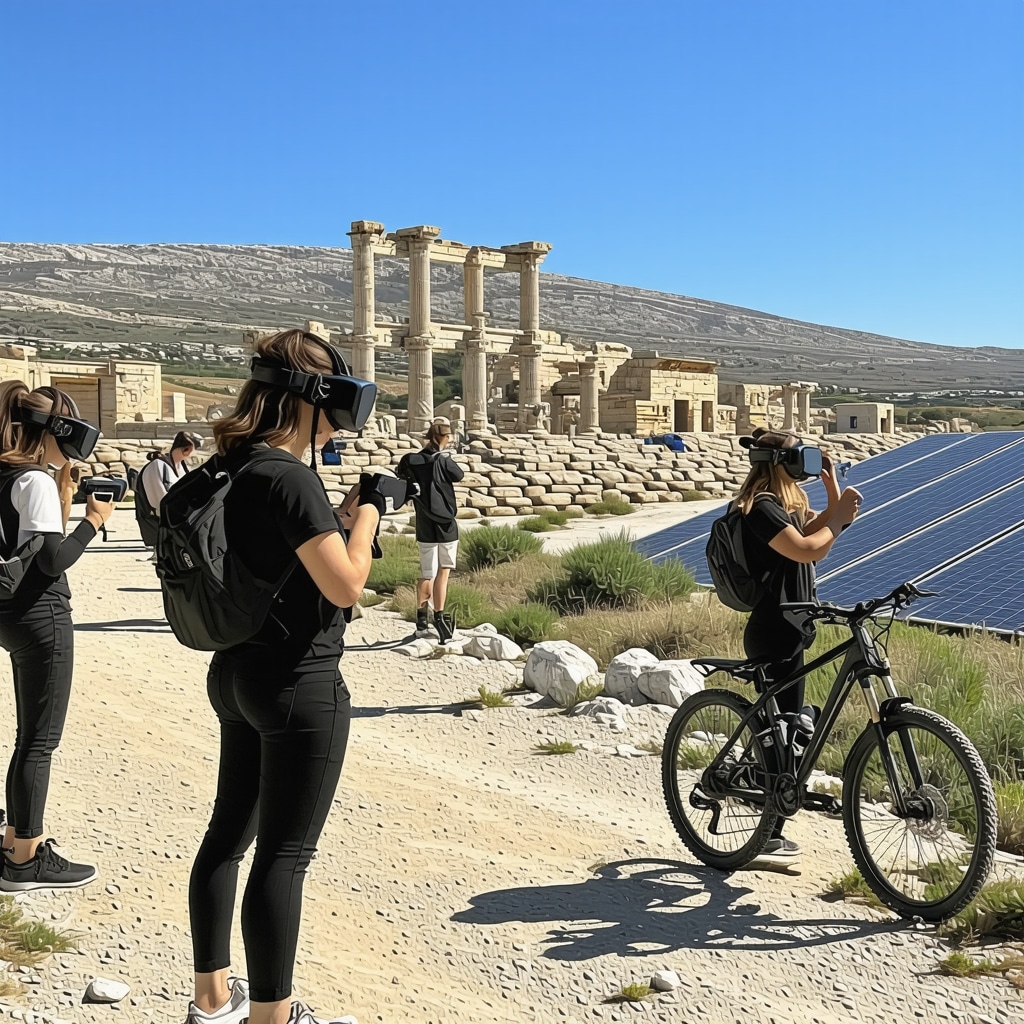Tourists using mixed reality devices exploring historical ruins and nature on Pag Island with sustainable technology in use