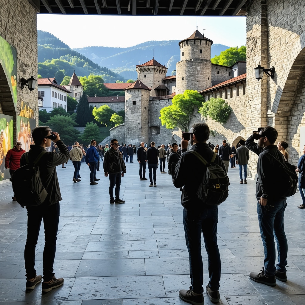 Tourists using mixed reality devices at Ljubljana Castle to explore historical and ecological content