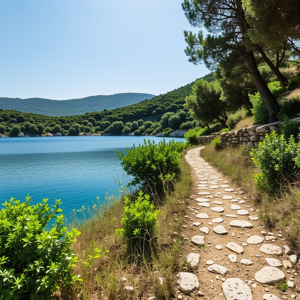 Hiking trail in Mljet National Park with forest, ancient ruins and lake