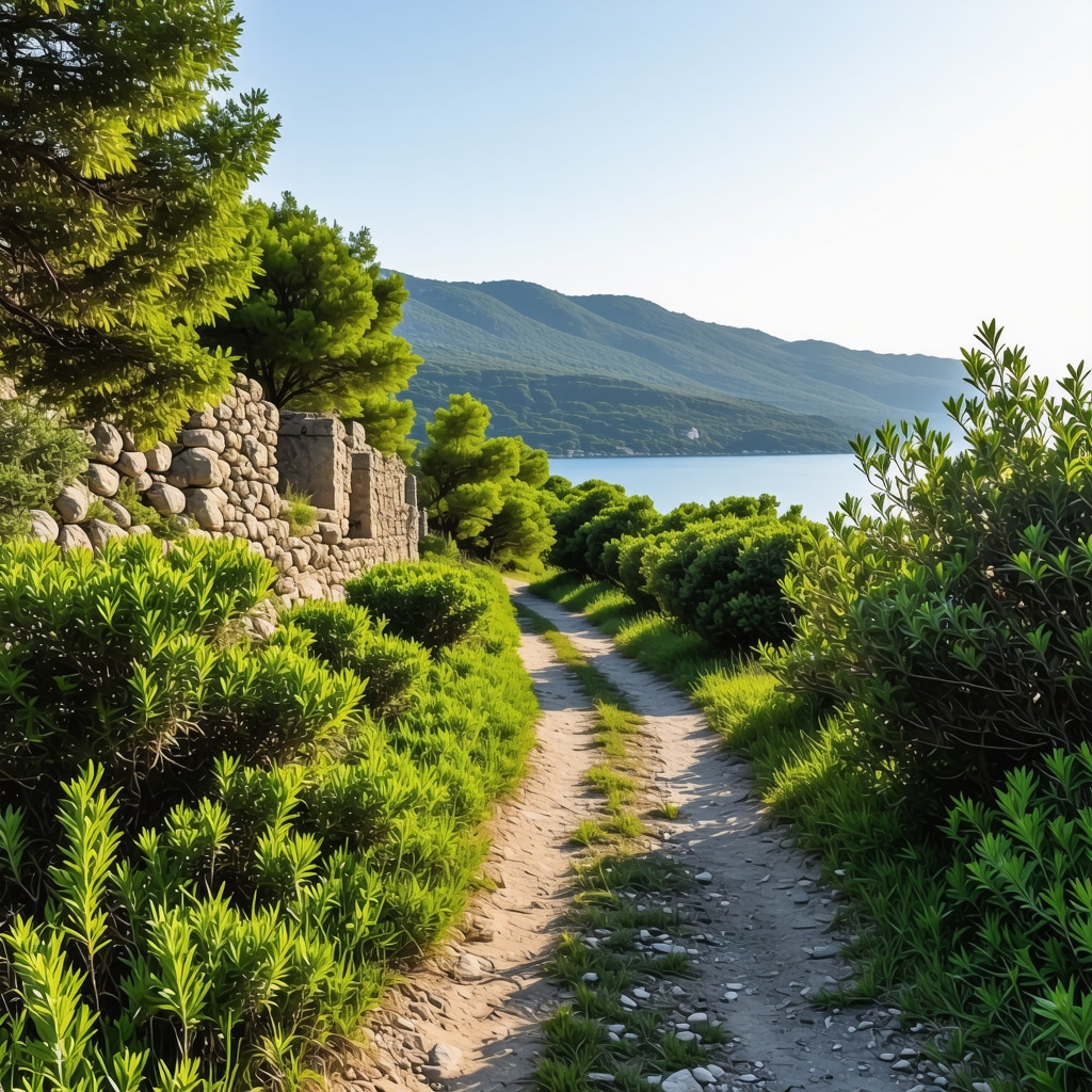 Early morning hiking trail in Mljet National Park with lush vegetation and ancient ruins