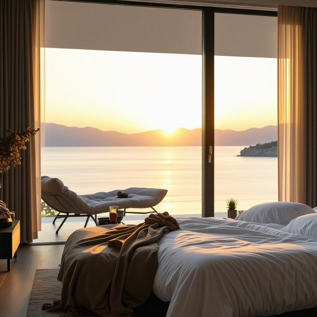 Luxury hotel room with smart technology overlooking Adriatic Sea in Tivat at sunset
