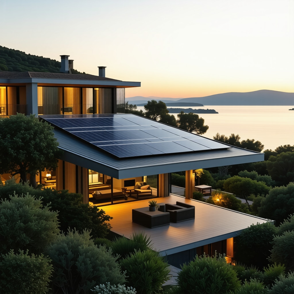 Luxury villa on Brač Island with solar panels and smart home interfaces amidst Mediterranean nature and Adriatic Sea view