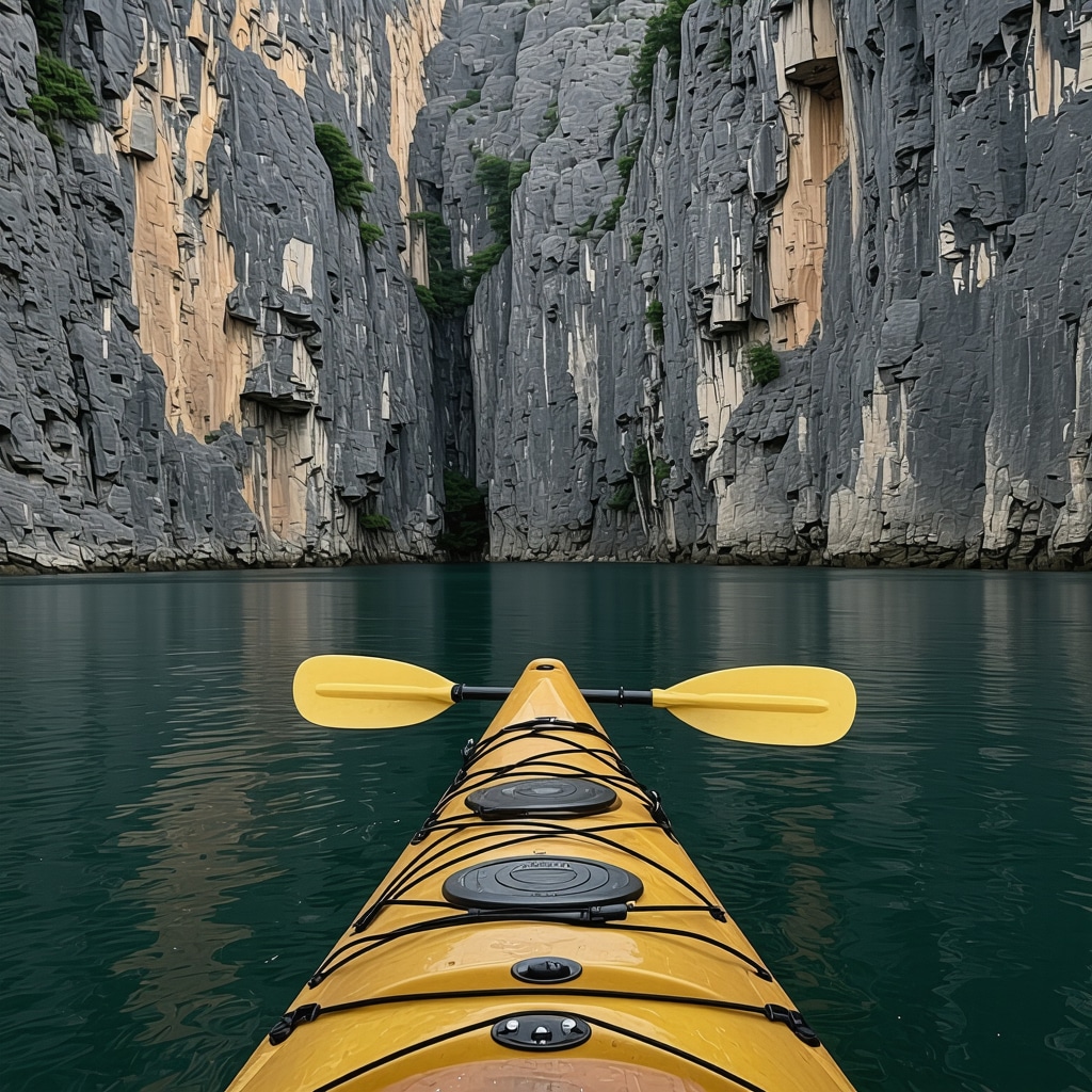 Kayak on calm water in Matka Canyon at dawn