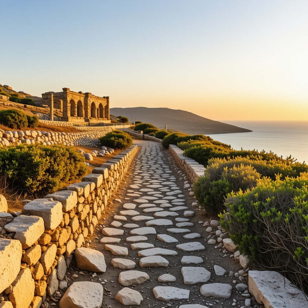 Hiking trail in Mykonos showing ancient ruins and sunset over the sea