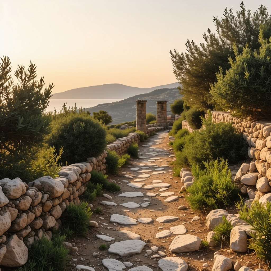 A tranquil hiking path in Mykonos featuring old stone ruins and green bushes illuminated by warm sunrise