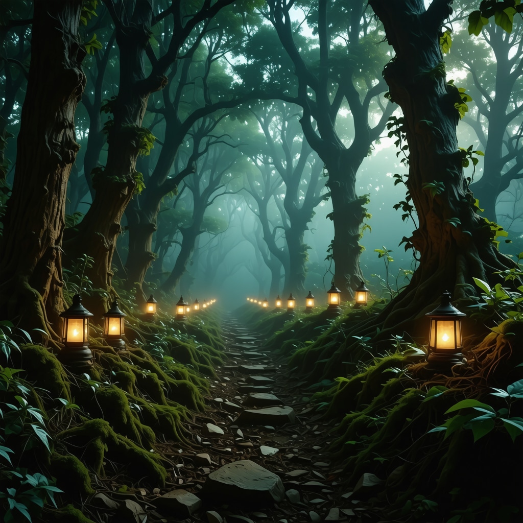A misty forest path in Şeytan Şehri illuminated by soft lantern light, with subtle mythical creature shapes in the background.
