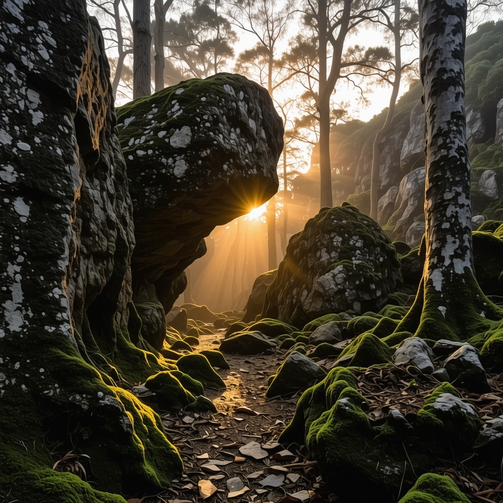 Mystical forest landscape with ancient rock formations and glowing sunset light in Şeytan Şehri