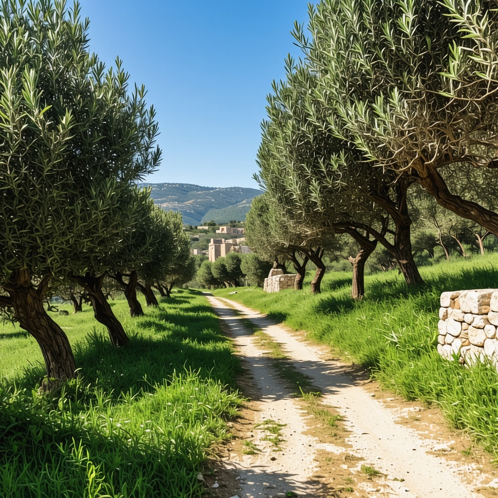 Hiking trail in Nafplio with olive trees and historic Palamidi Fortress in the background