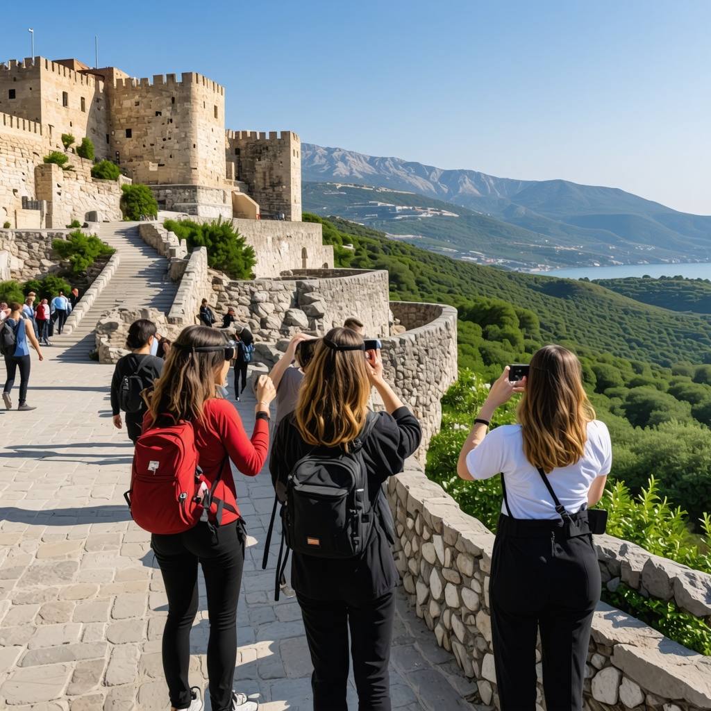 Hikers using augmented reality devices at Nafplio's Palamidi Castle surrounded by greenery