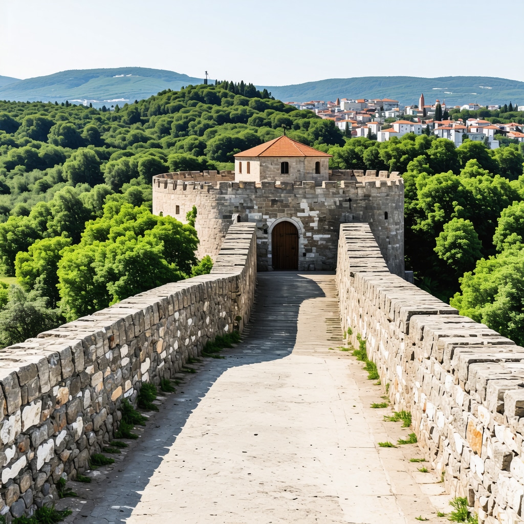 Panoramic view of Niš historic fortress surrounded by green nature with tourists using augmented reality devices