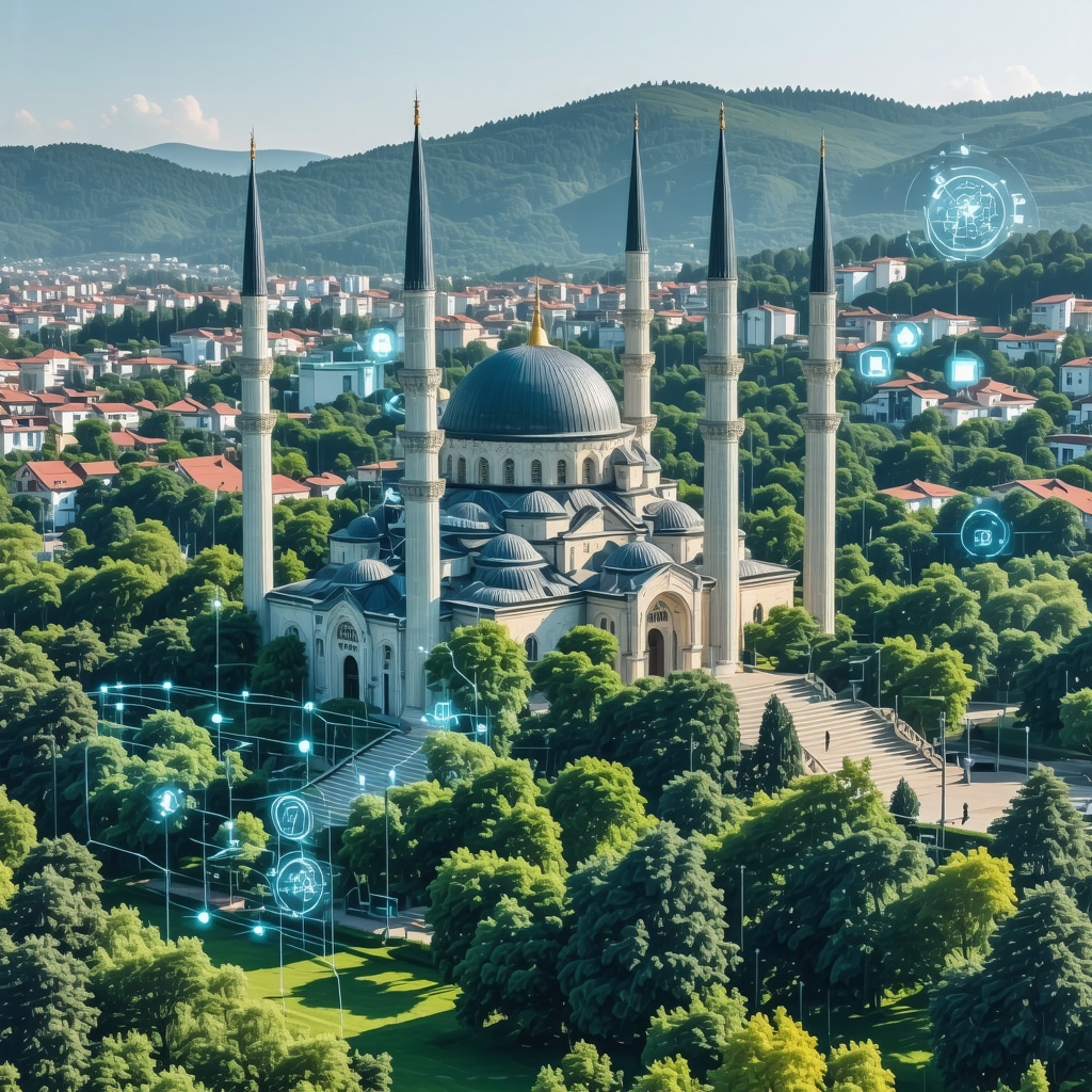 Historic Altun-Alem Mosque in Novi Pazar with visual elements representing technology and sustainable tourism
