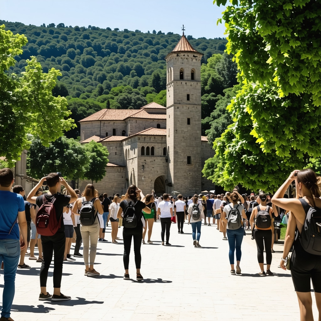 Turistler, Novi Pazar'ın tarihi Osmanlı mimarisi önünde artırılmış gerçeklik cihazlarıyla keşif yapıyor, çevrede yeşil doğa manzarası