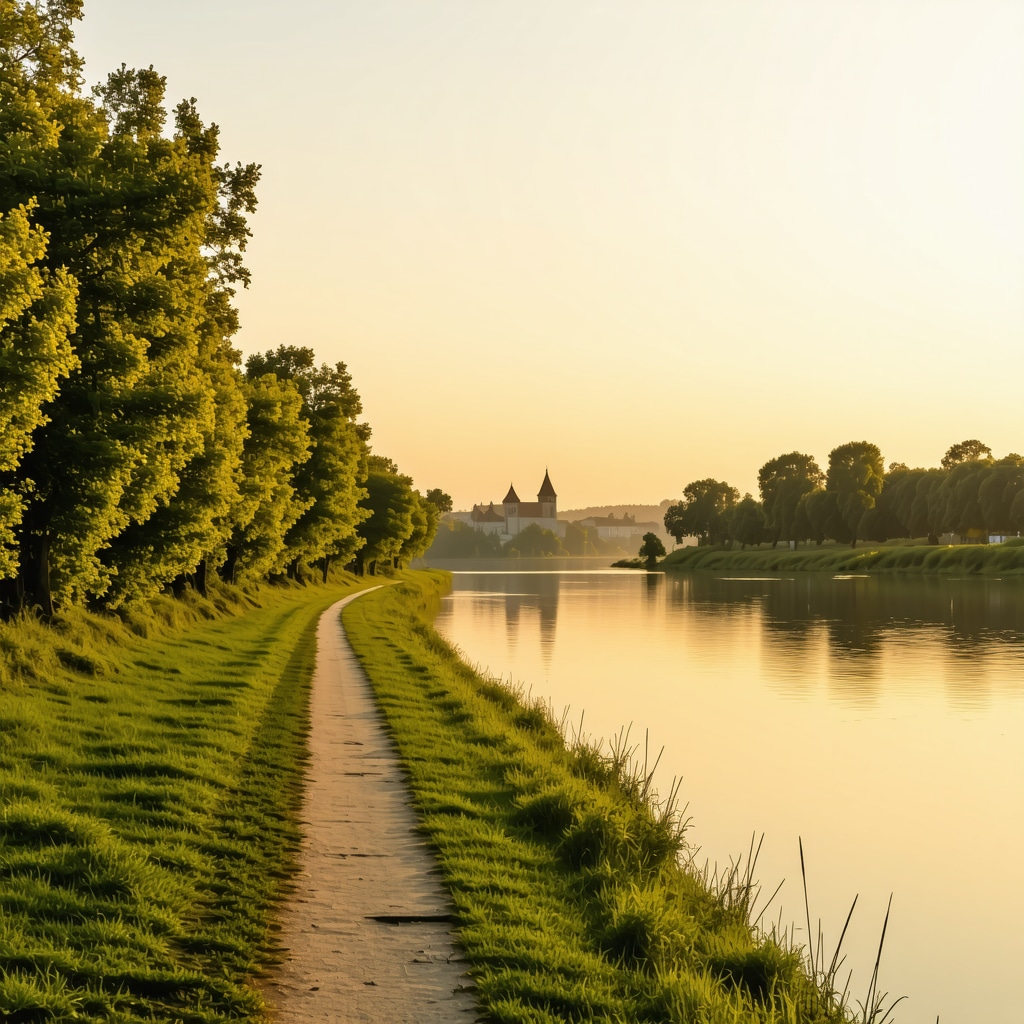 Peaceful riverside walking trail in Novi Sad with Petrovaradin Fortress silhouette at dawn