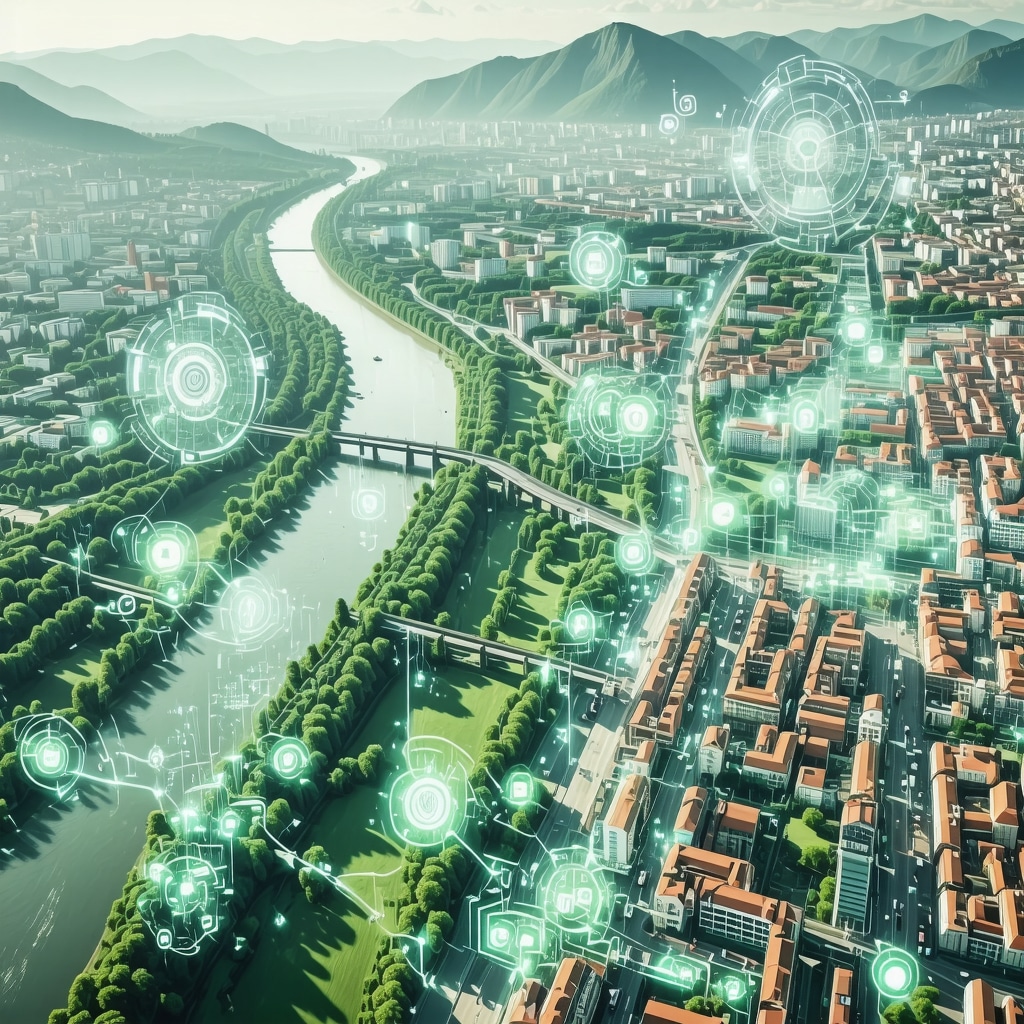 Aerial view of Novi Sad with the Danube River and green parks, overlaid with icons symbolizing smart technology and sustainability