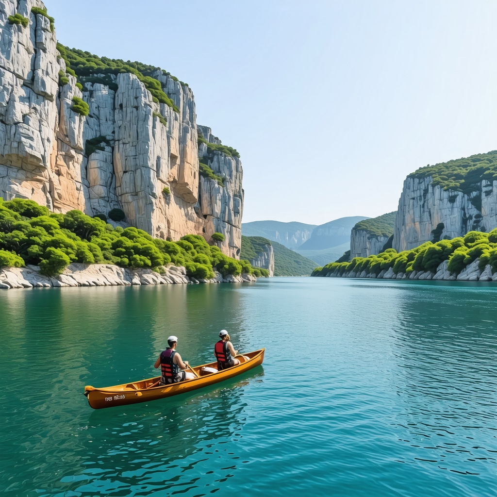 Panoramic view of Omiš Canyon with rock climbing, zipline and canoeing activities